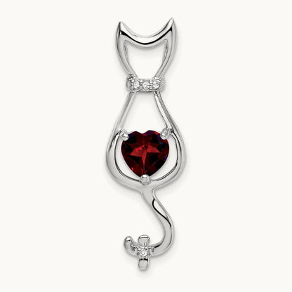 Garnet and Diamond Cat Pendant, 14K White Gold