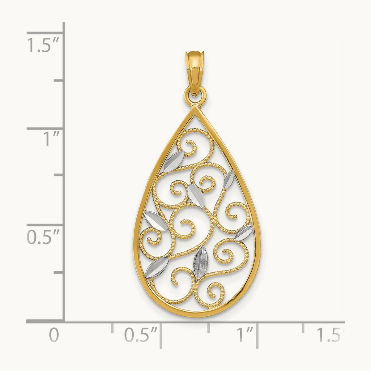 Beaded Filigree Diamond-cut Teardrop Charm with rhodium — 35mm