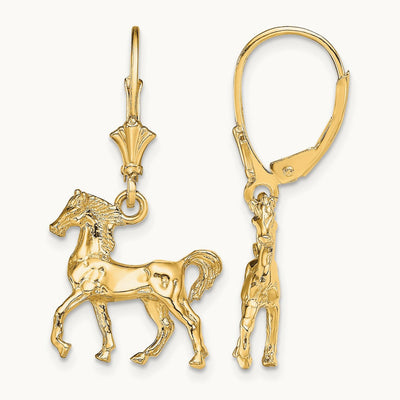 3-D Polished Leverback Horse Earrings, 14K