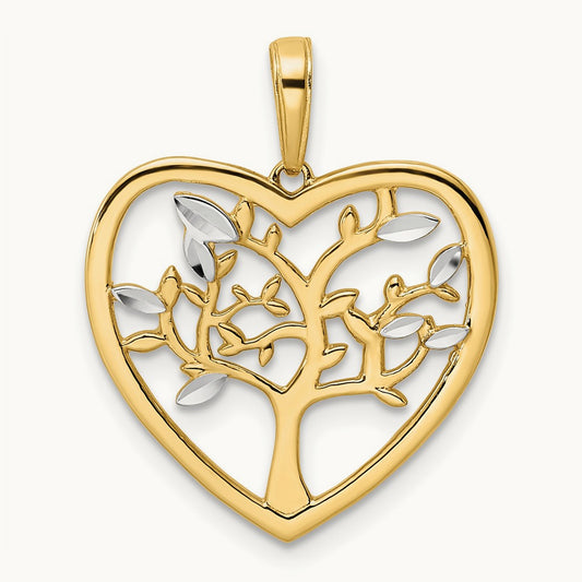 Diamond-cut Tree of Life Heart Pendant, 14K with White Rhodium