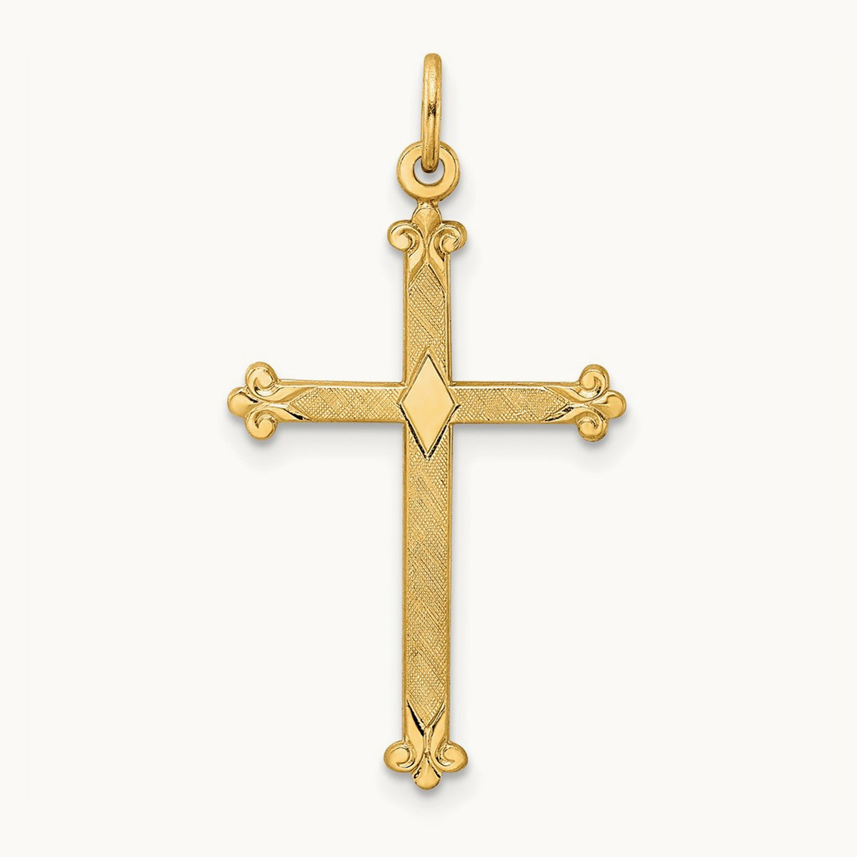 Polished and Textured Solid Diamond Shape Cross Pendant, 14K