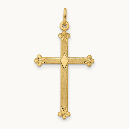 Polished and Textured Solid Diamond Shape Cross Pendant, 14K