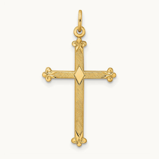 Polished and Textured Solid Diamond Shape Cross Pendant, 14K