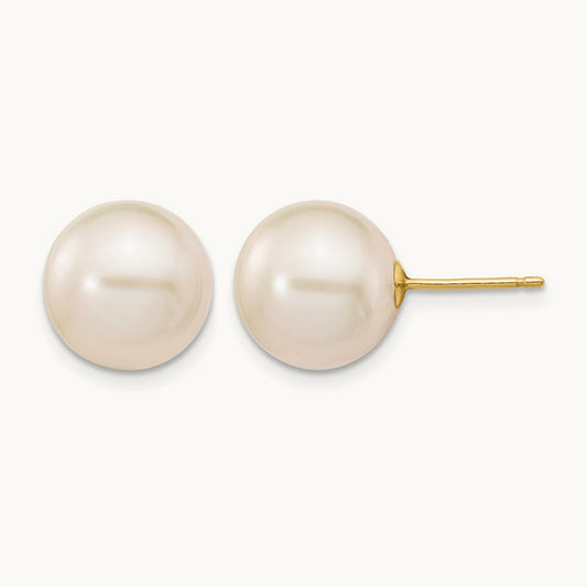 10- White Round Freshwater Cultured Pearl Stud Post Earrings, 11mm, 14K