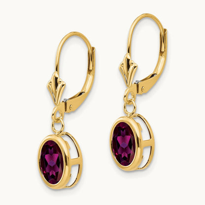 8x6mm Oval Rhodolite Garnet Leverback Earrings, 14K
