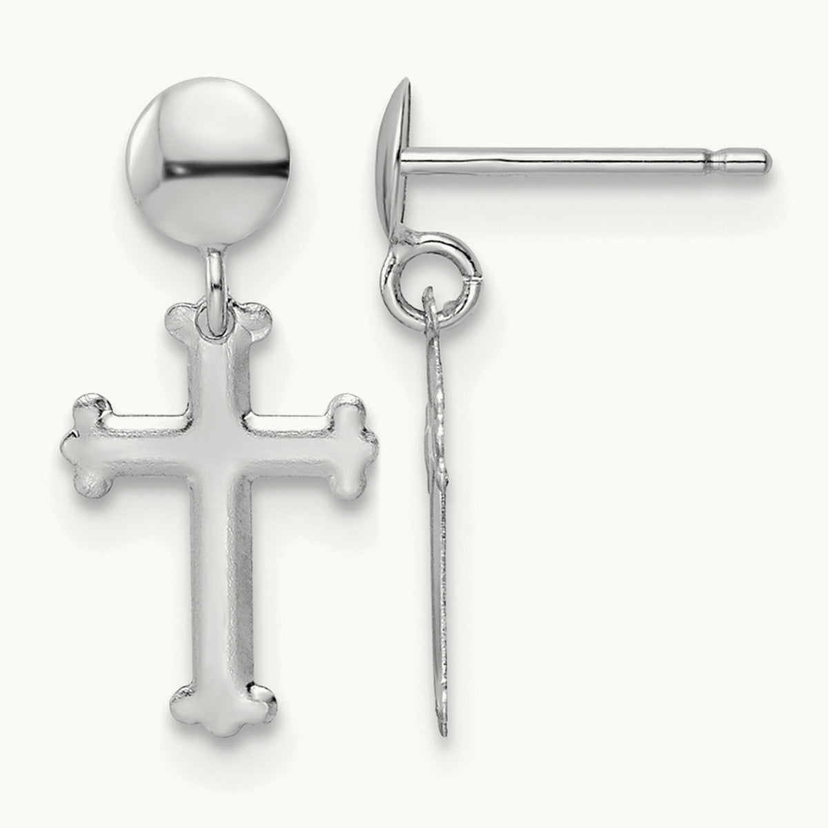 Polished Cross Post Dangle Earrings — 14K White Gold