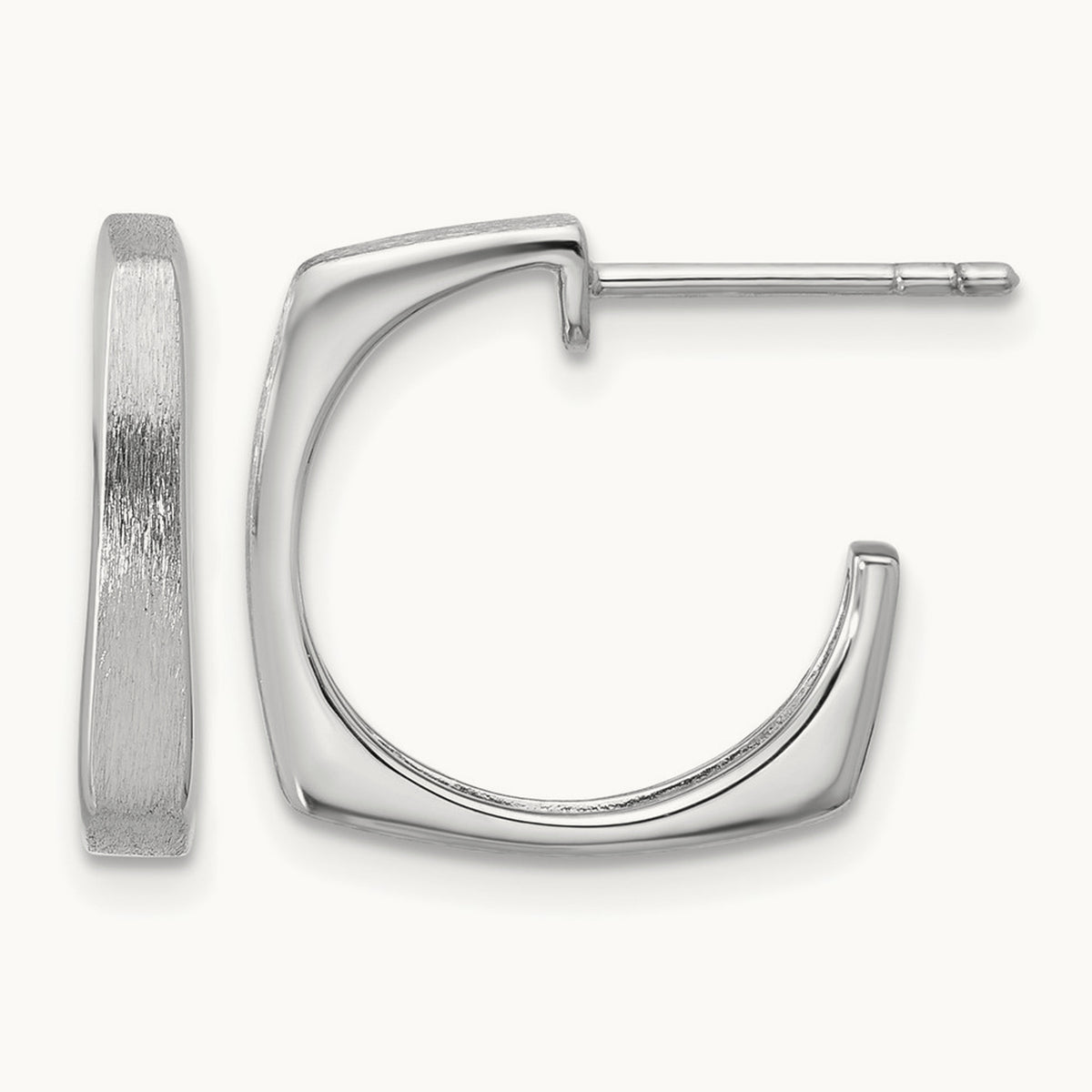 SS RH-plated Polished/Brushed Square J-Hoop Post Earrings — Leslie's