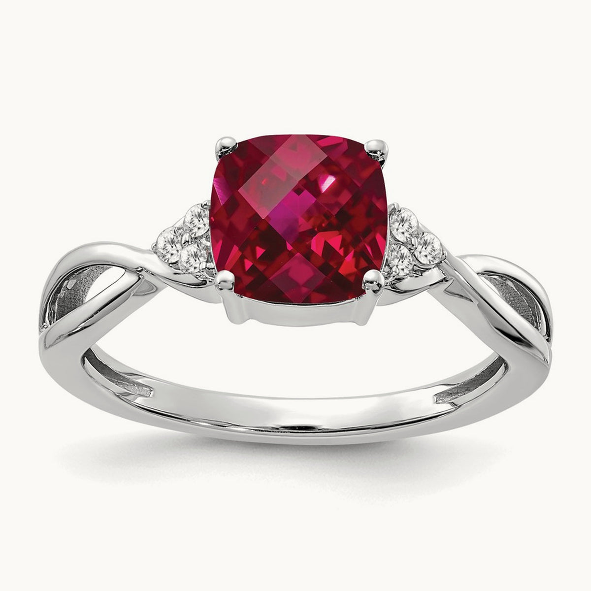 Checkerboard Created Ruby and Lab-Grown Diamond Ring — 14K White Gold, 7