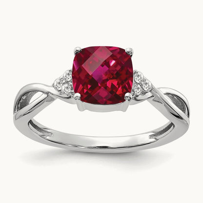 Checkerboard Created Ruby and Lab-Grown Diamond Ring — 14K White Gold, 7