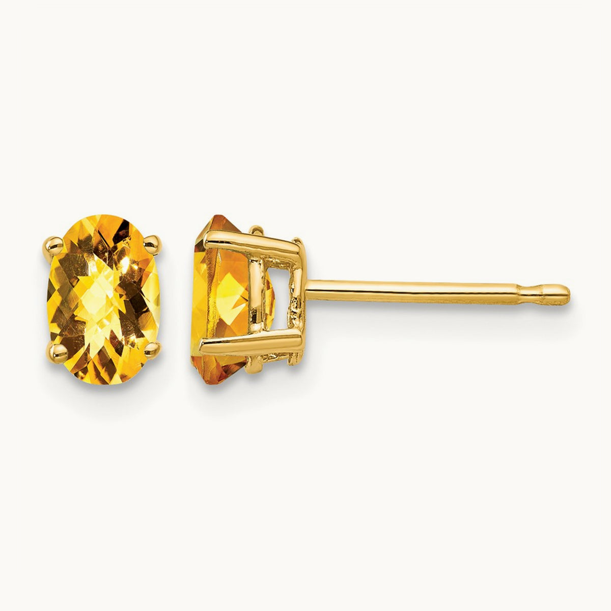 6x4mm Oval Citrine Checker Earrings, 14K