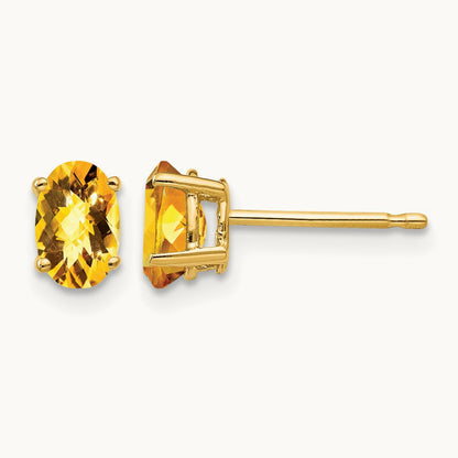 6x4mm Oval Citrine Checker Earrings, 14K