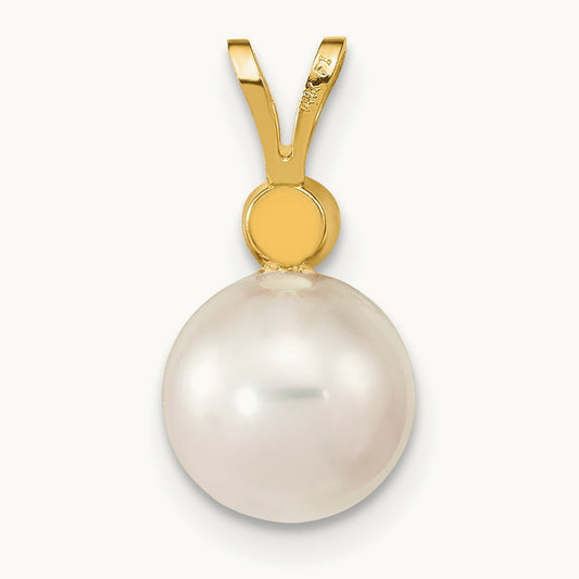 8- Round White Saltwater Akoya Cultured Pearl Diamond Pendant, 9mm, 14K