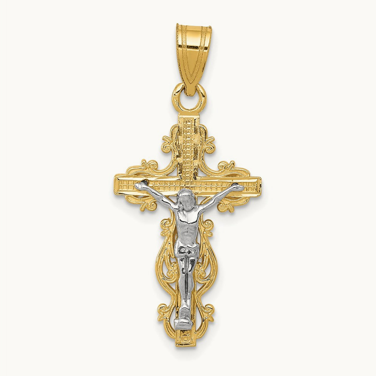 Small Narrow Cross w/Crucifix Pendant, 14K Two-tone
