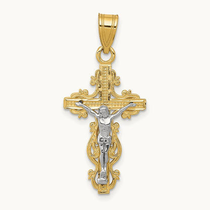 Small Narrow Cross w/Crucifix Pendant, 14K Two-tone