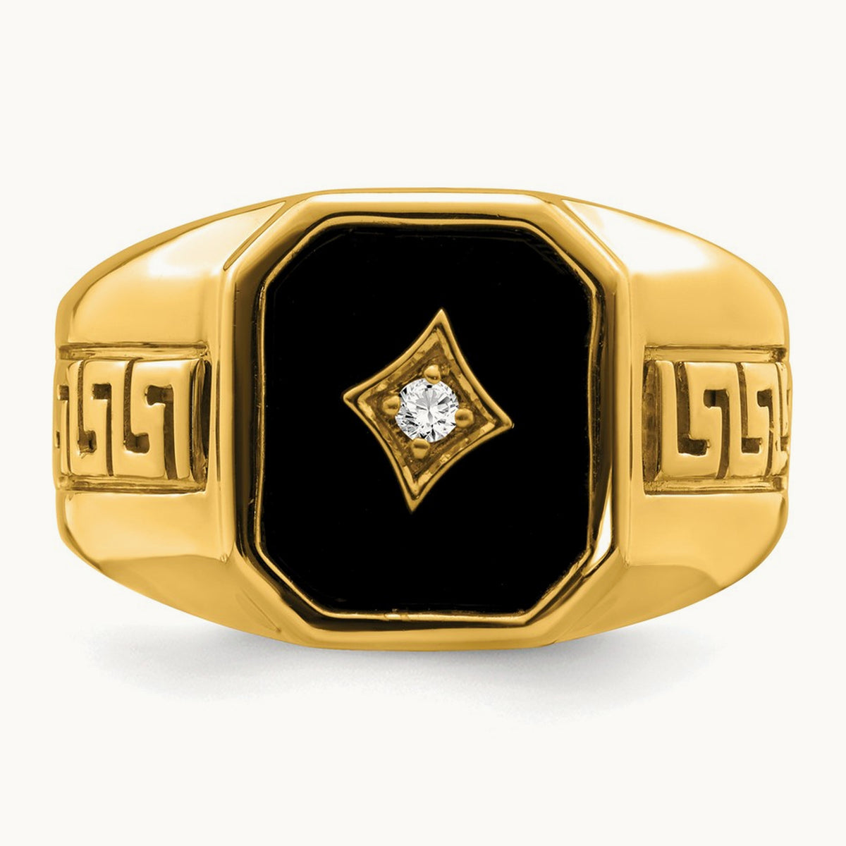 Onyx and Diamond Greek Key Design Mens Ring, 14K