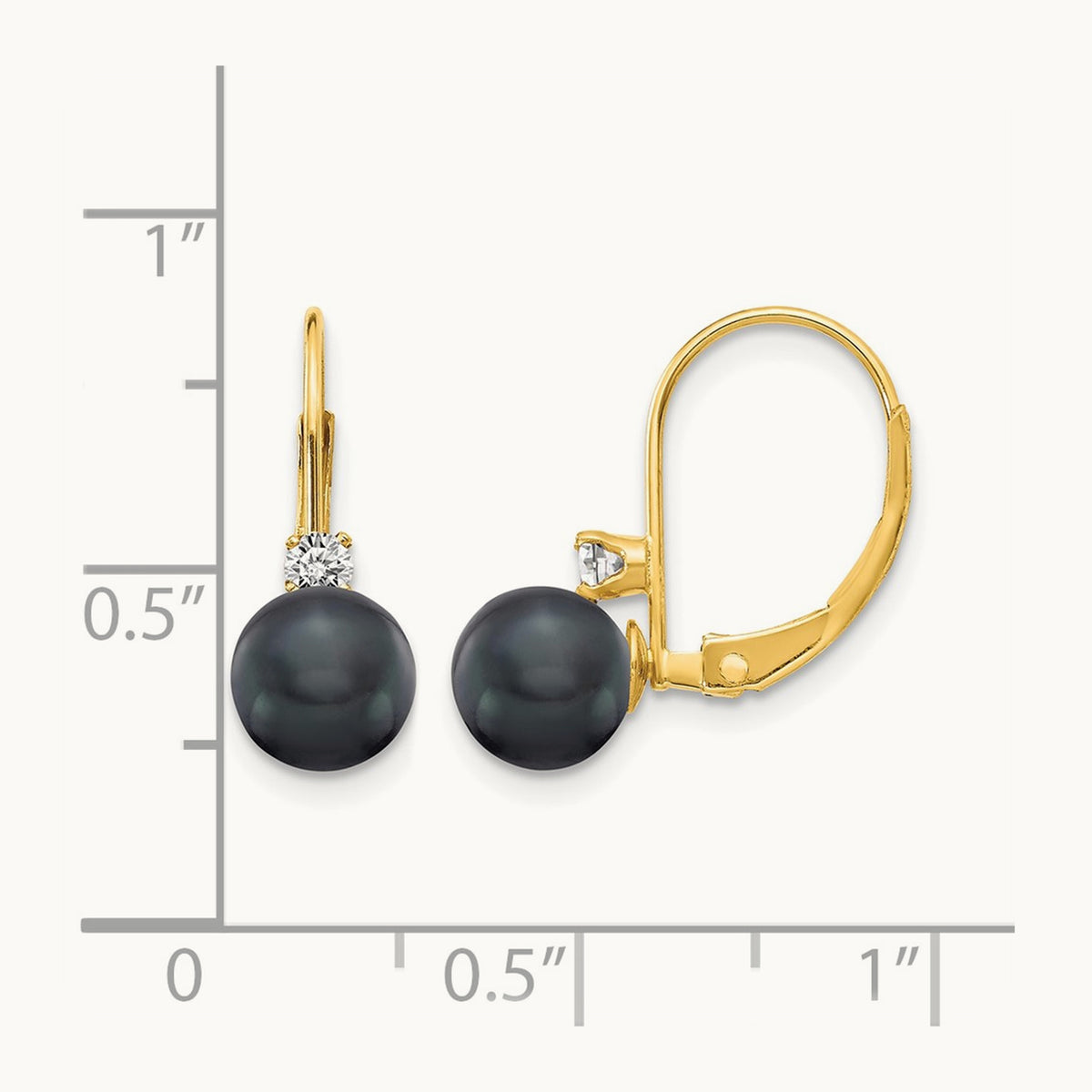 6- Black FW Cultured Pearl AA Diamond Leverback Earrings, 7mm, 14K