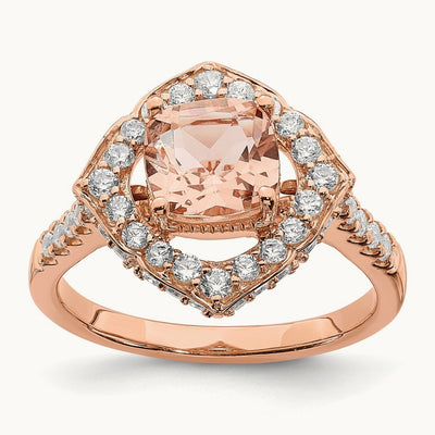 Morganite Diamond Halo Complete Engagement Ring, 14K Rose Gold