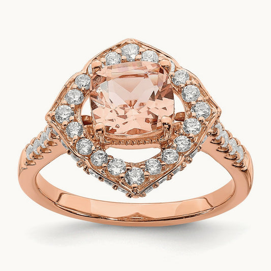 Morganite Diamond Halo Complete Engagement Ring, 14K Rose Gold