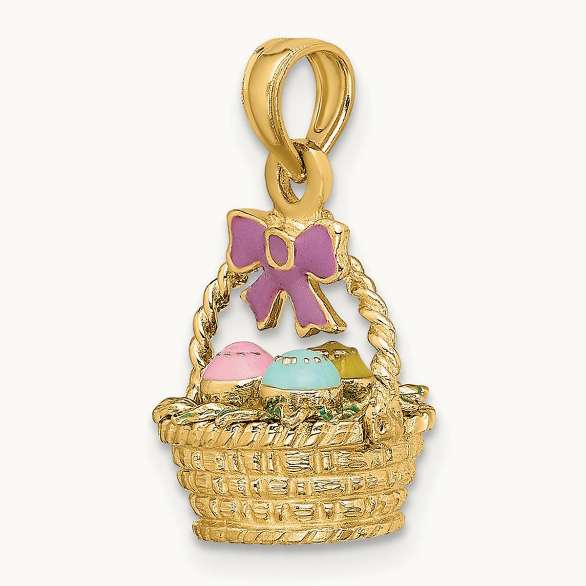 3-D Enameled Easter Basket w/Bow and Eggs Charm, 14K