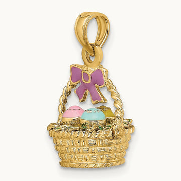 3-D Enameled Easter Basket w/Bow and Eggs Charm, 14K