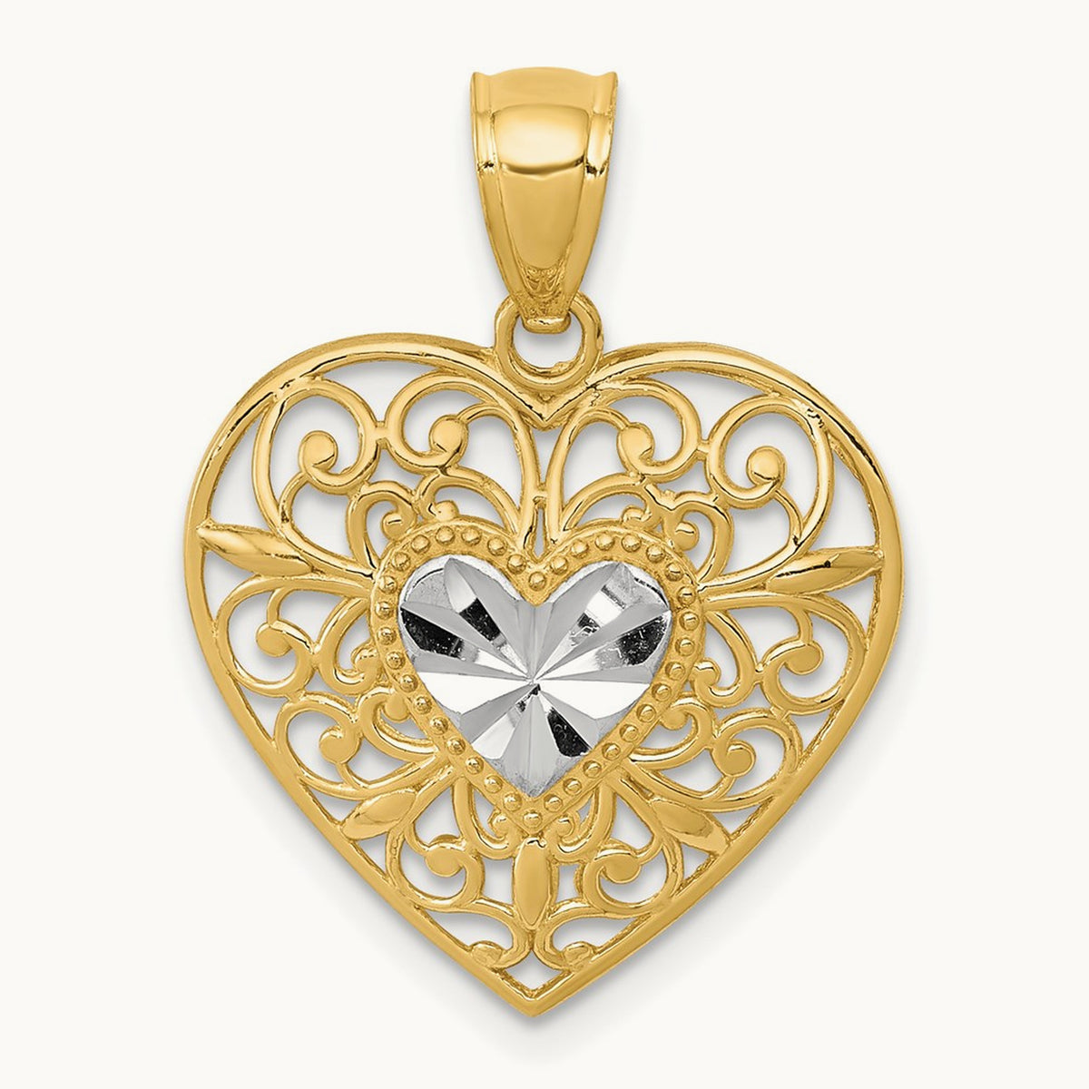 Polished Diamond-cut Filigree Heart Pendant, 14K with White Rhodium