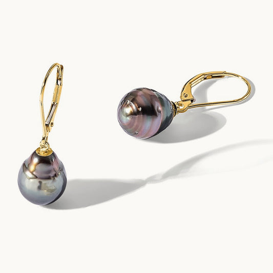 8- Teardrop Blk Saltwater Tahitian Pearl Leverback Earrings, 9mm, 14K