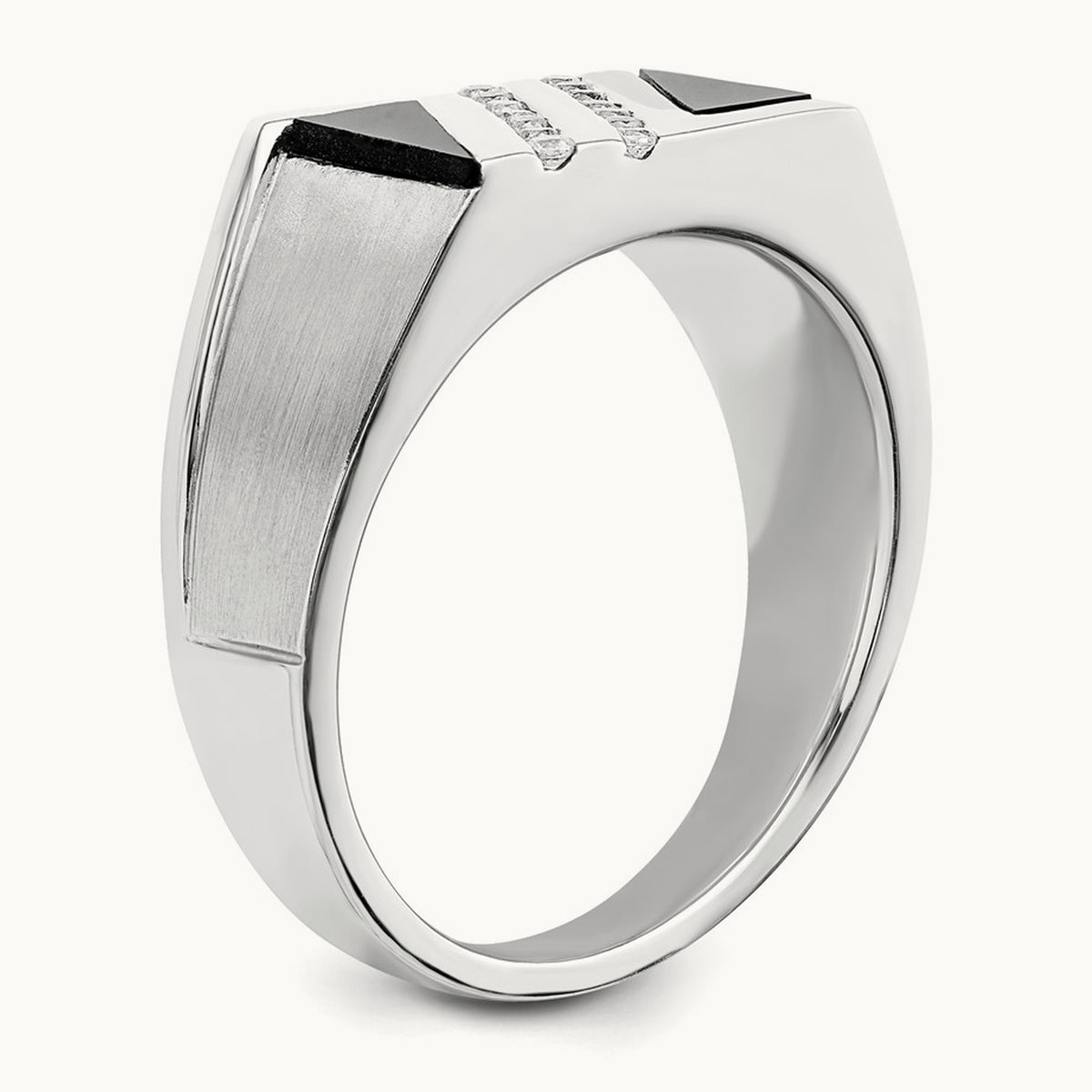 Polished & Satin Onyx & Diamond Mens Ring, 14K White Gold