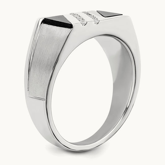 Polished & Satin Onyx & Diamond Mens Ring, 14K White Gold