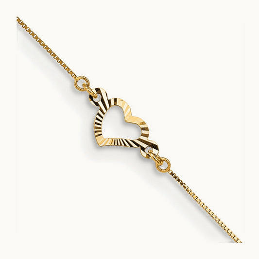 Diamond-cut Heart 9in Plus 1in ext Anklet, 14K