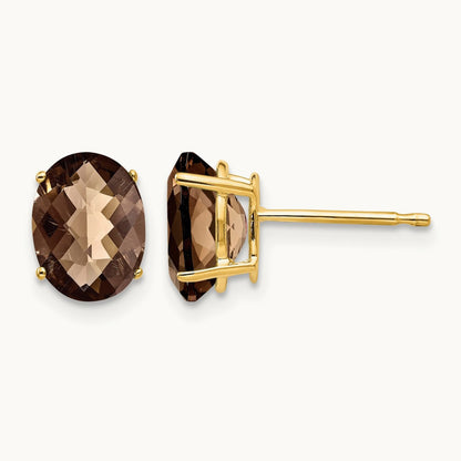 8x6 Oval Checker-Cut Smoky Quartz Earrings, 14K