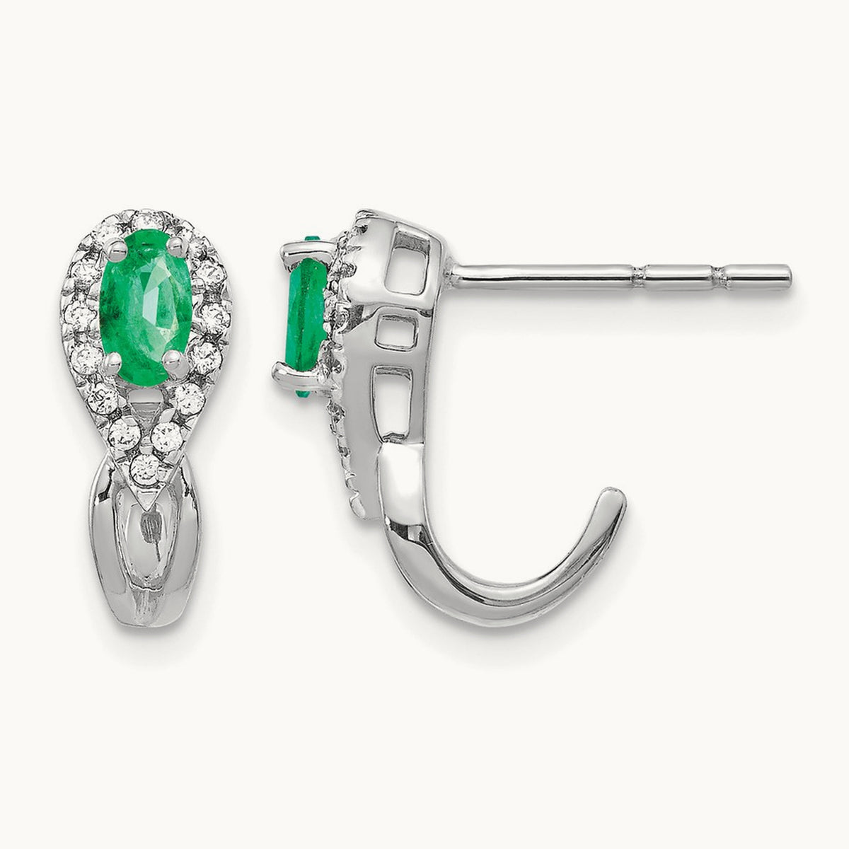 1/8Ct Diamond and Emerald Earrings — 14K White Gold