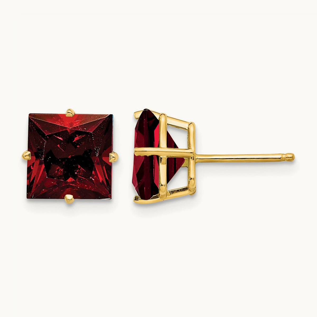 Princess Cut Garnet Earrings, 8mm, 14K