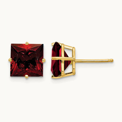 Princess Cut Garnet Earrings, 8mm, 14K