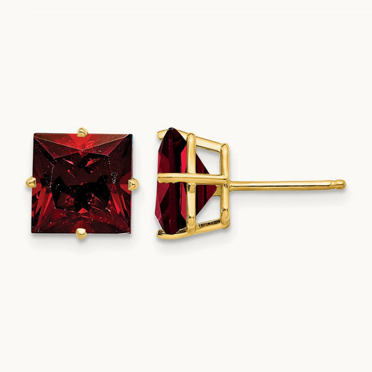 Princess Cut Garnet Earrings, 8mm, 14K