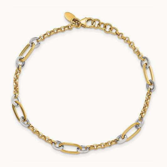 Fancy Oval Link and Chain w/.5 in ext Bracelet, 14K Two-tone