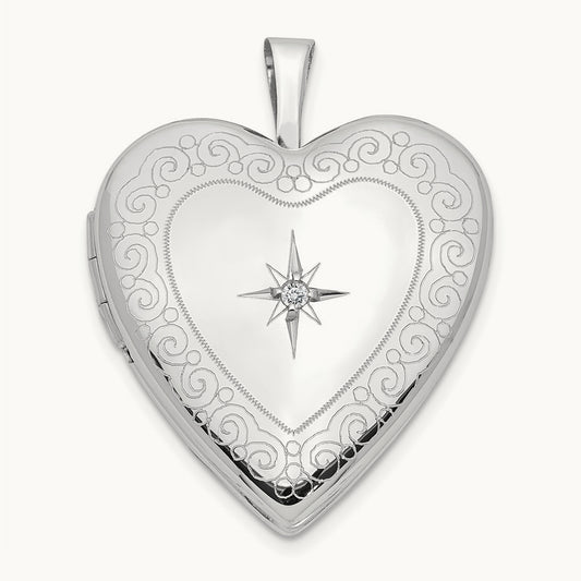 Diamond Side Swirl Edge Heart Locket, 20mm, 14K White Gold