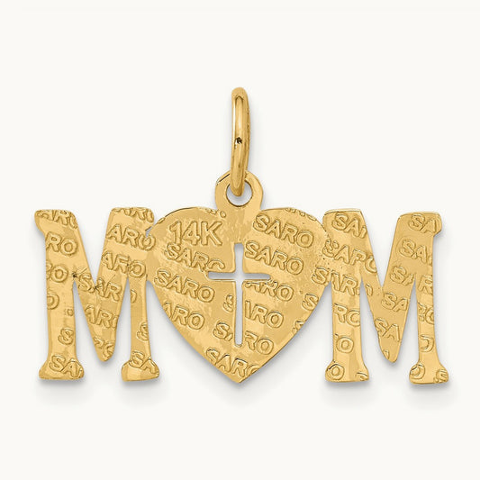 Polished MOM with Cross Charm, 14K