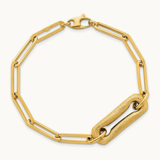 Polished And Brushed Paperclip Link 7.75in Bracelet, 14K