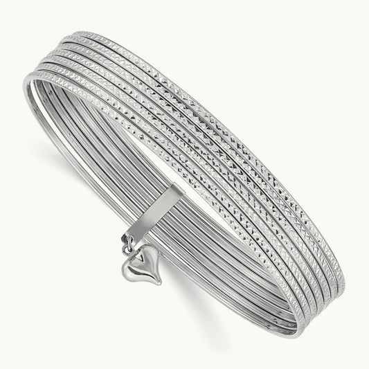 WG Oversized w/ Dangle Heart Textured Set of 7 Slip-on Bangles, 14K