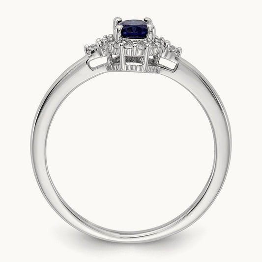 Oval Sapphire and Diamond Halo Ring, 14K White Gold