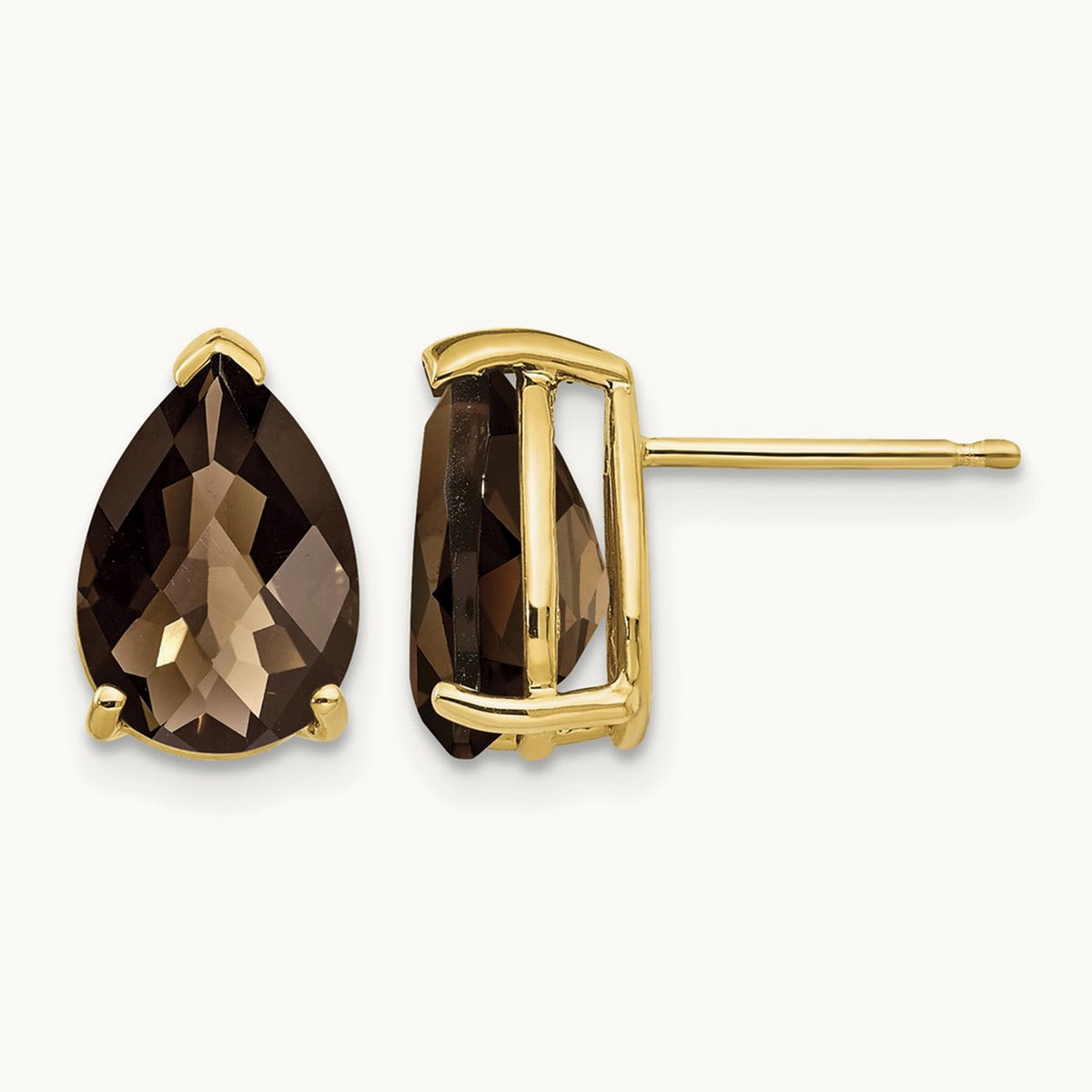 10x7 Pear Checker-Cut Smoky Quartz Earrings, 14K