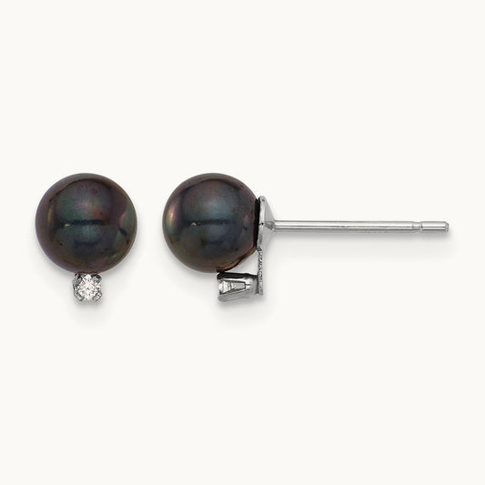 5- Blk Saltwater Akoya Pearl .02ct Dia Post Earrings, 6mm, 14K White Gold