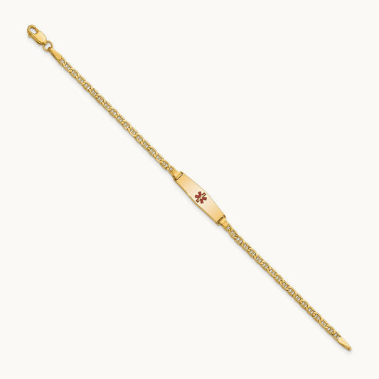 Medical Semi-Solid Soft Diamond Shape Red Enamel Anchor ID Bracelet, 14K