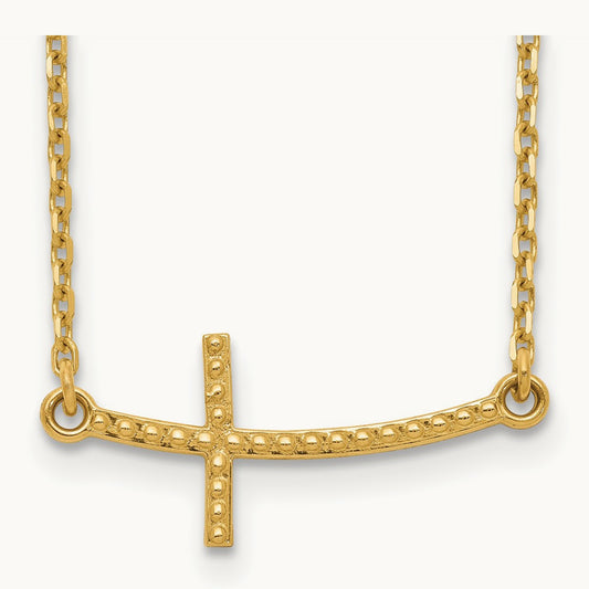 Sideways Curved Textured Cross Necklace — 14K Yellow Gold