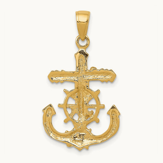 Polished Textured Mariners Crucifix Rope/Wheel Pendant, 14K