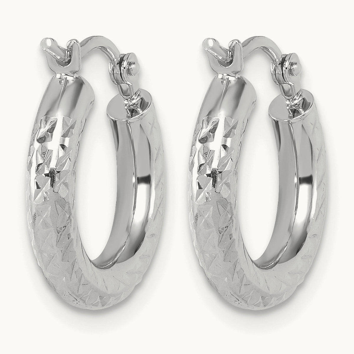 Diamond-cut Round Hoop Earrings — 14K White Gold