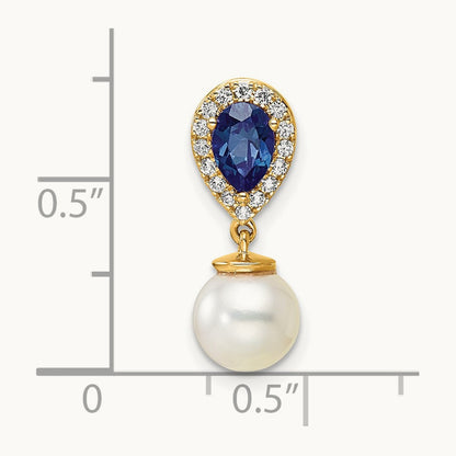 Polished Diamond Pearl and Sapphire Teardrop Chain Slide, 14K
