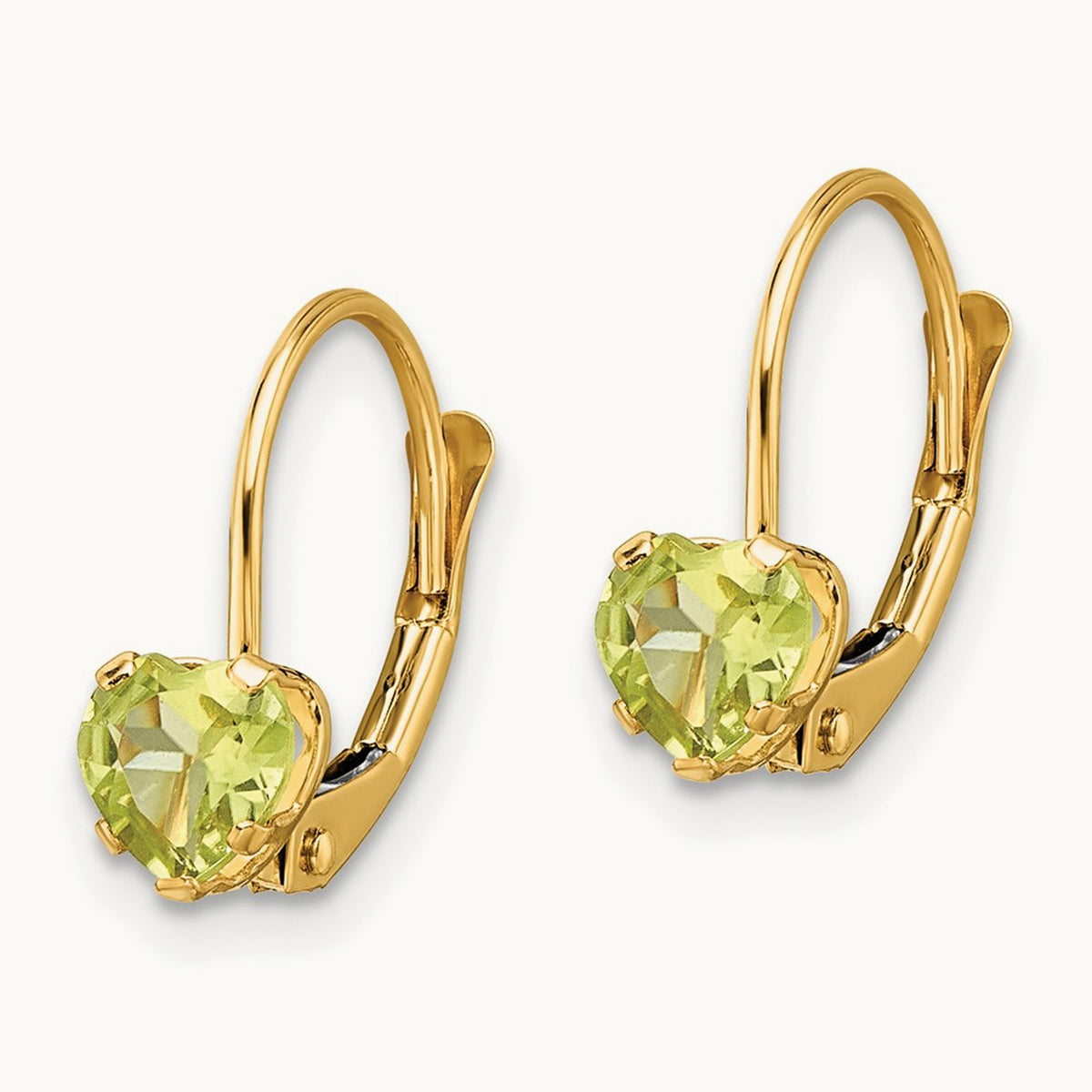 Heart Peridot Leverback Earrings — 14K Yellow Gold
