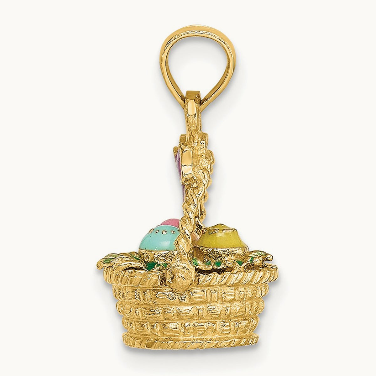 3-D Enameled Easter Basket w/Bow and Eggs Charm, 14K