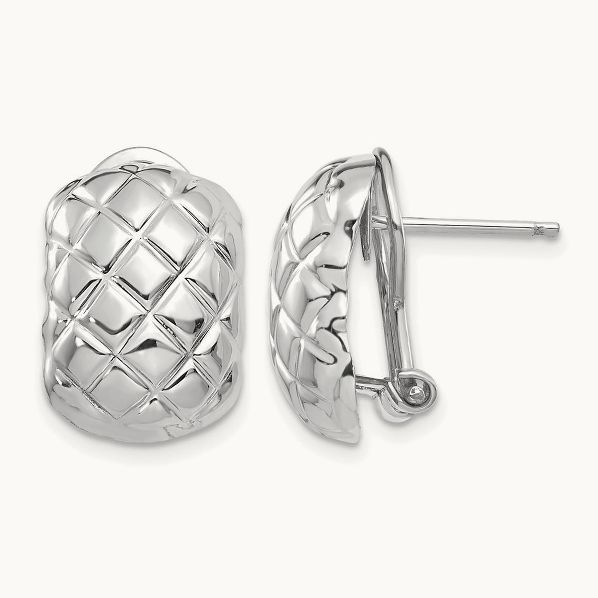 Polished Quilted Omega Back Post Earrings — 14K White Gold